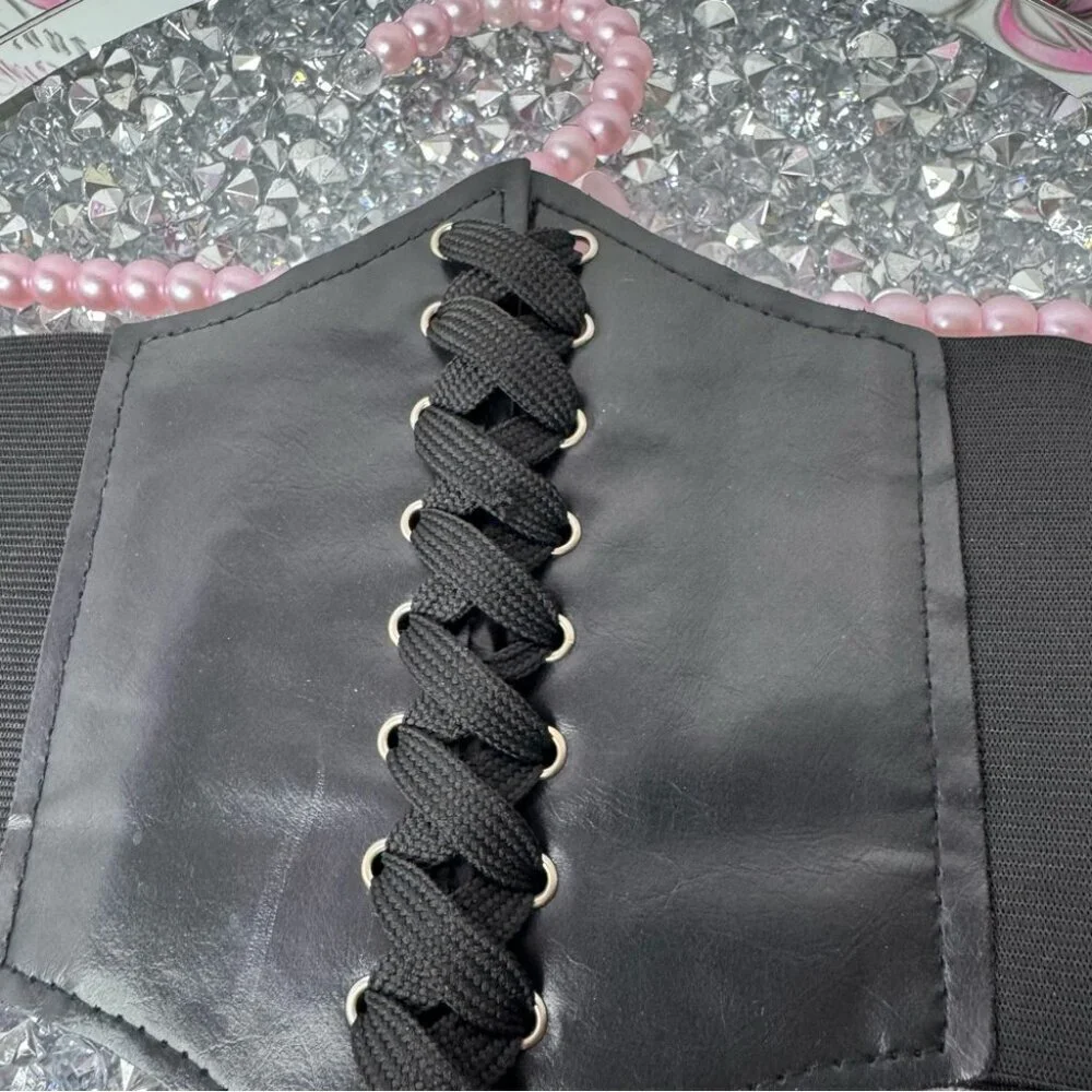 Corset belt waist cinch Velcro one size fits all black silver bustier lace up